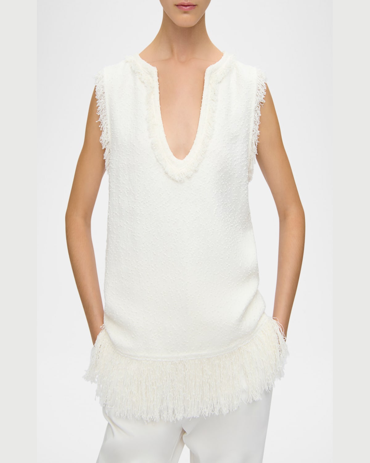 Callas Milano Comporta Sleeveless Fringed Boucle Top In White
