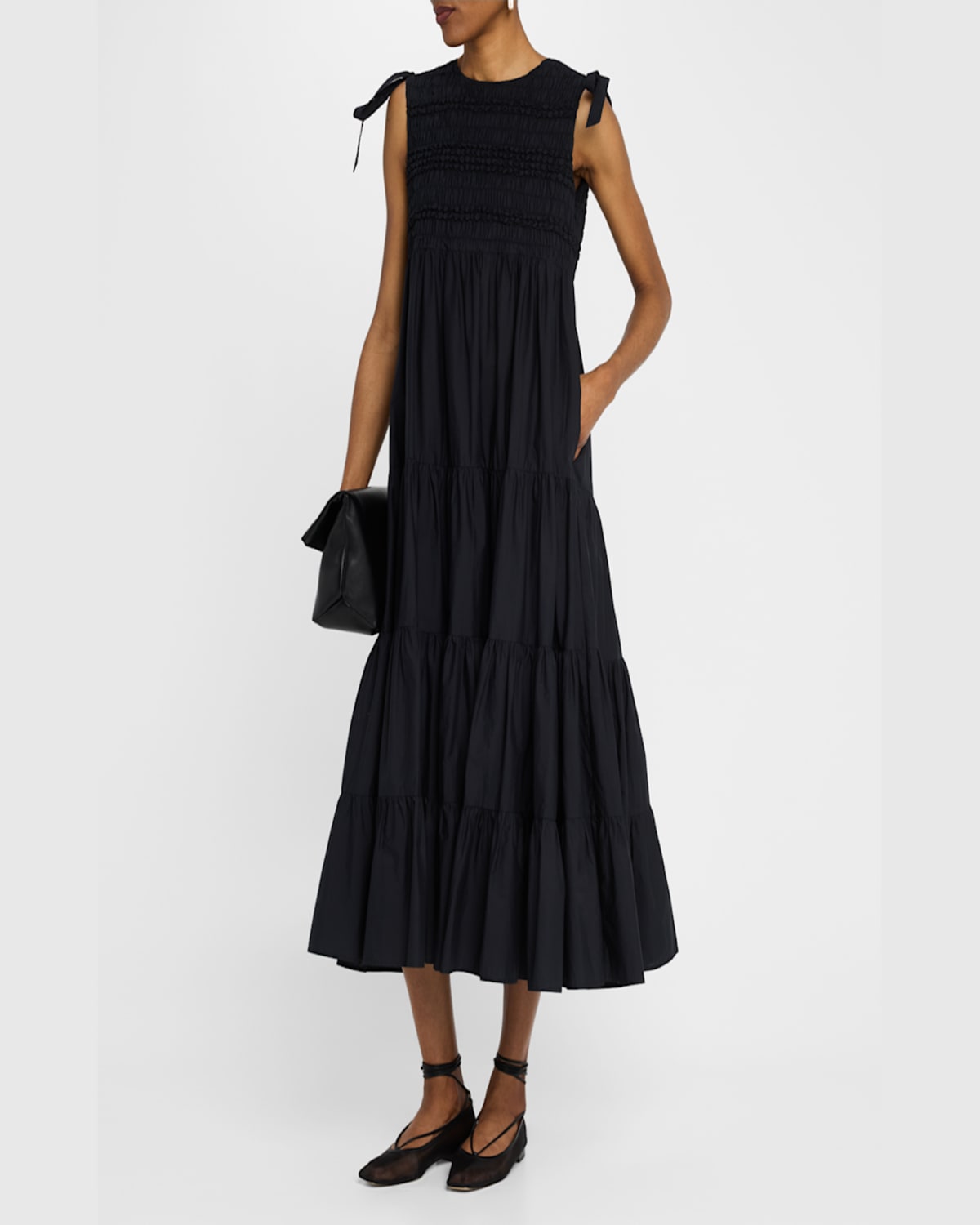 Merlette Mirella Sleeveless Smocked Cotton Midi Dress In Black