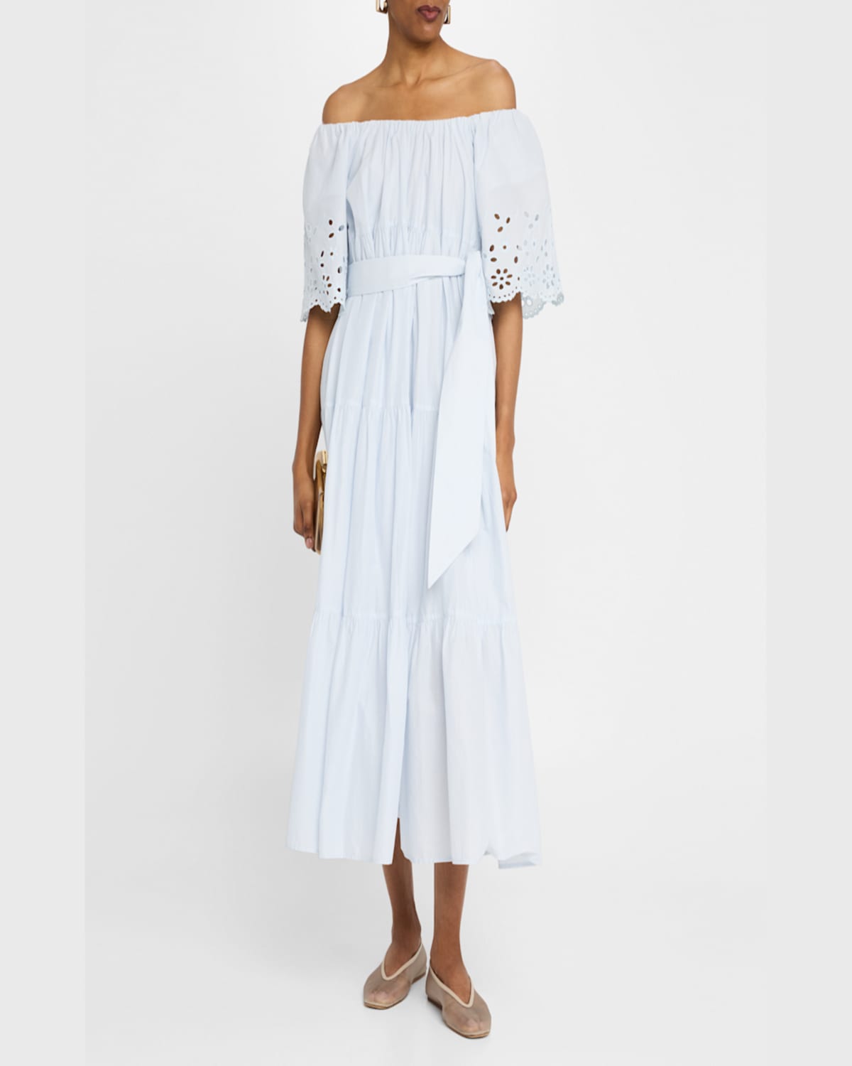 Merlette Berenson Tiered Eyelet-embroidered Midi Dress In Blue Haze