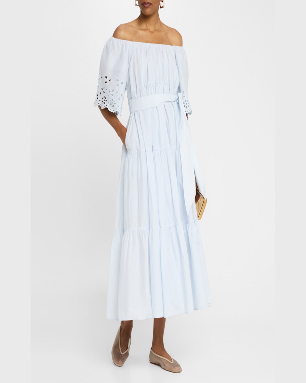 Merlette Berenson Tiered Eyelet-embroidered Midi Dress In Blue Haze