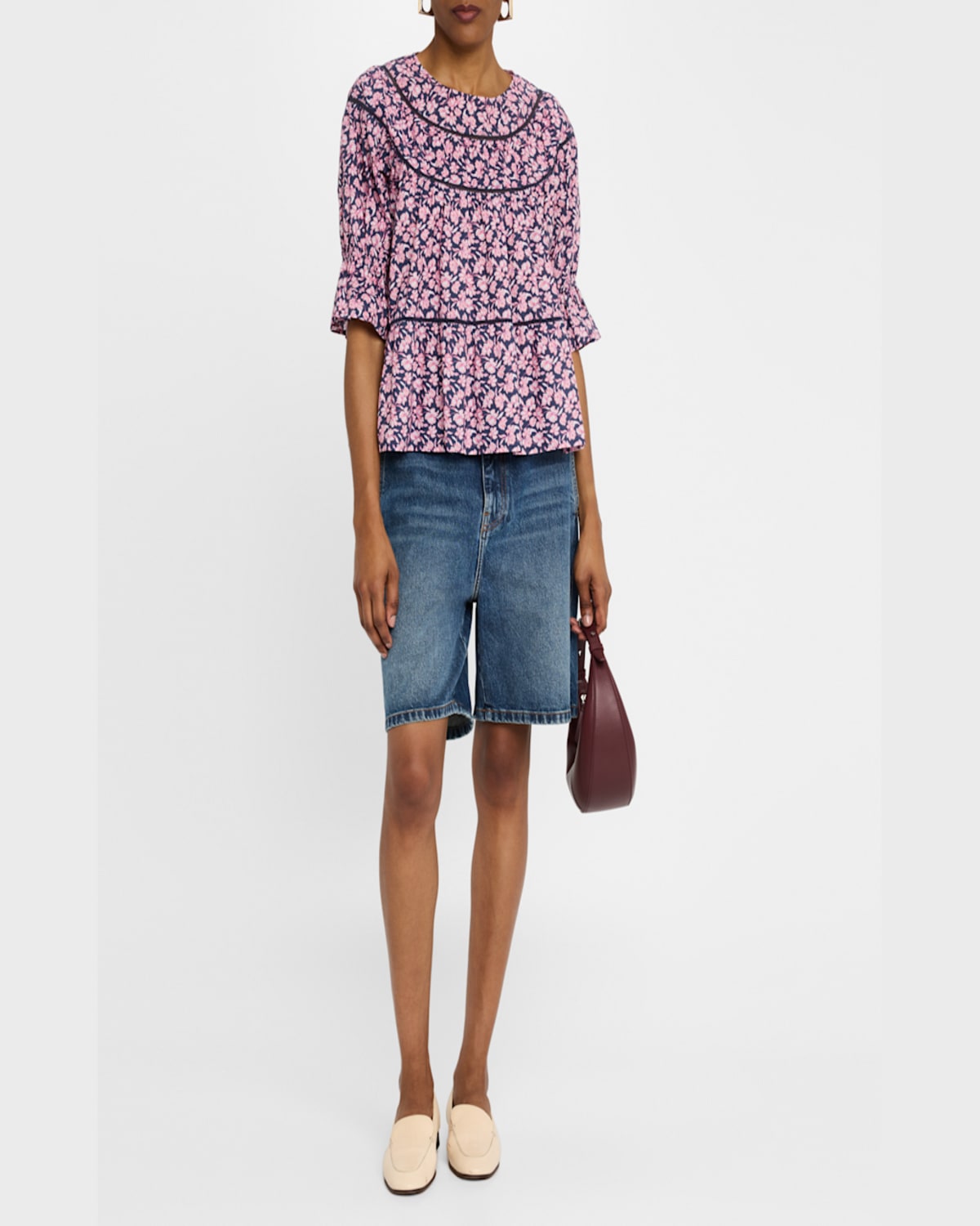 Merlette Sol Ruched Floral-print Cotton Blouse In Sunset Rose Floral Print