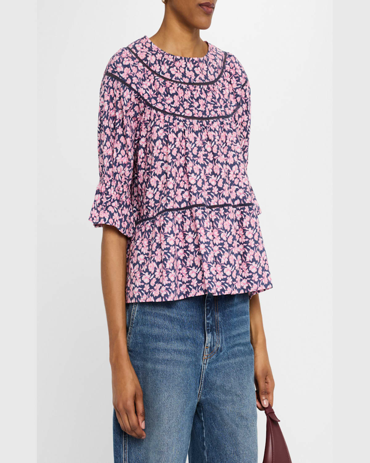 Merlette Sol Ruched Floral-print Cotton Blouse In Sunset Rose Floral Print