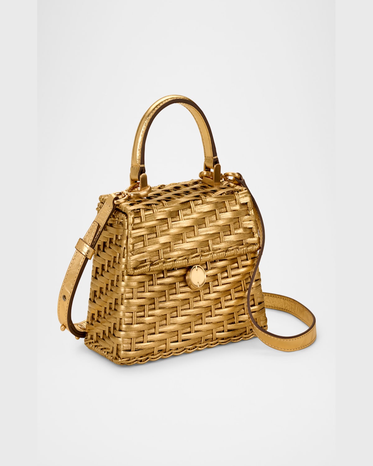 Cult Gaia Sybil Nano Metallic Woven Crossbody Bag In Brushed Brass
