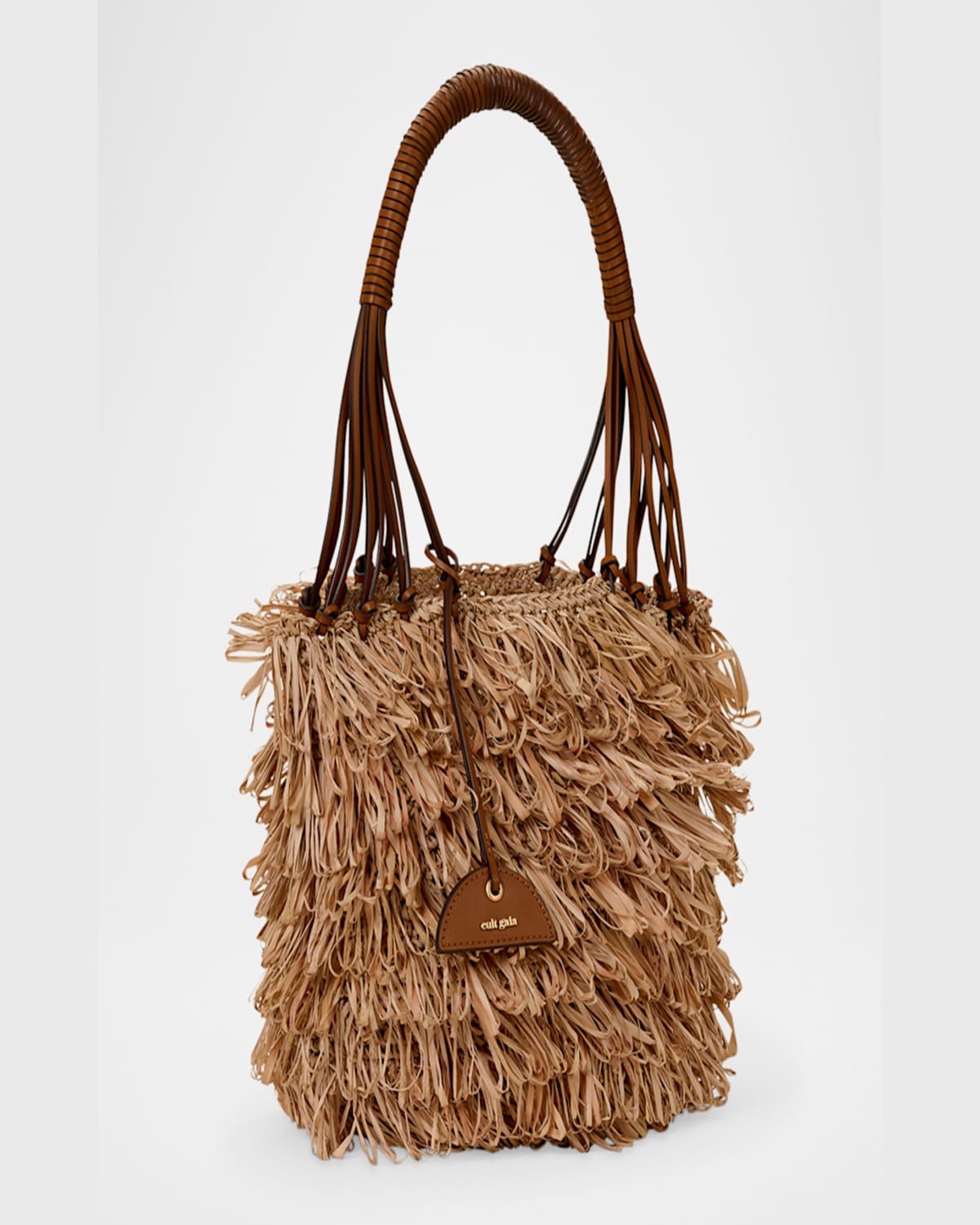 Cult Gaia Miladia Fringe Raffia Bucket Shoulder Bag In Toasted Natural