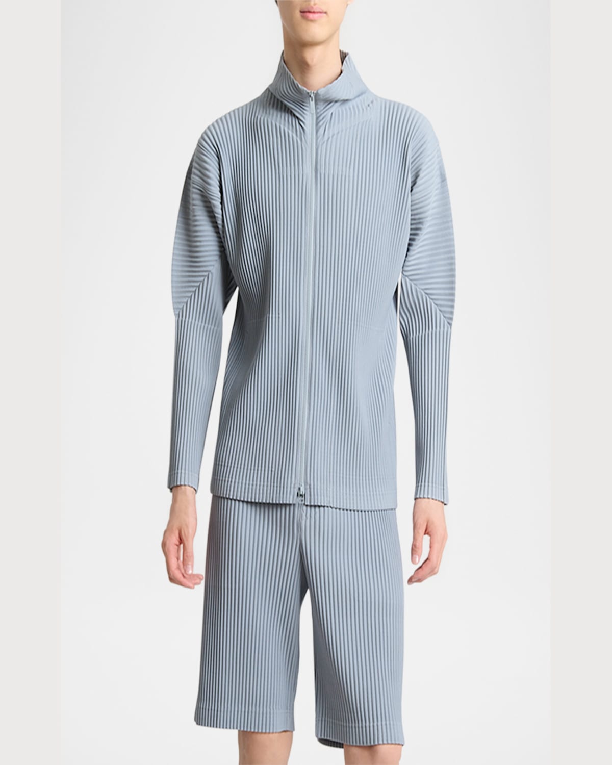 Issey Miyake Pleated Zip-up Jacket In Gray Blue