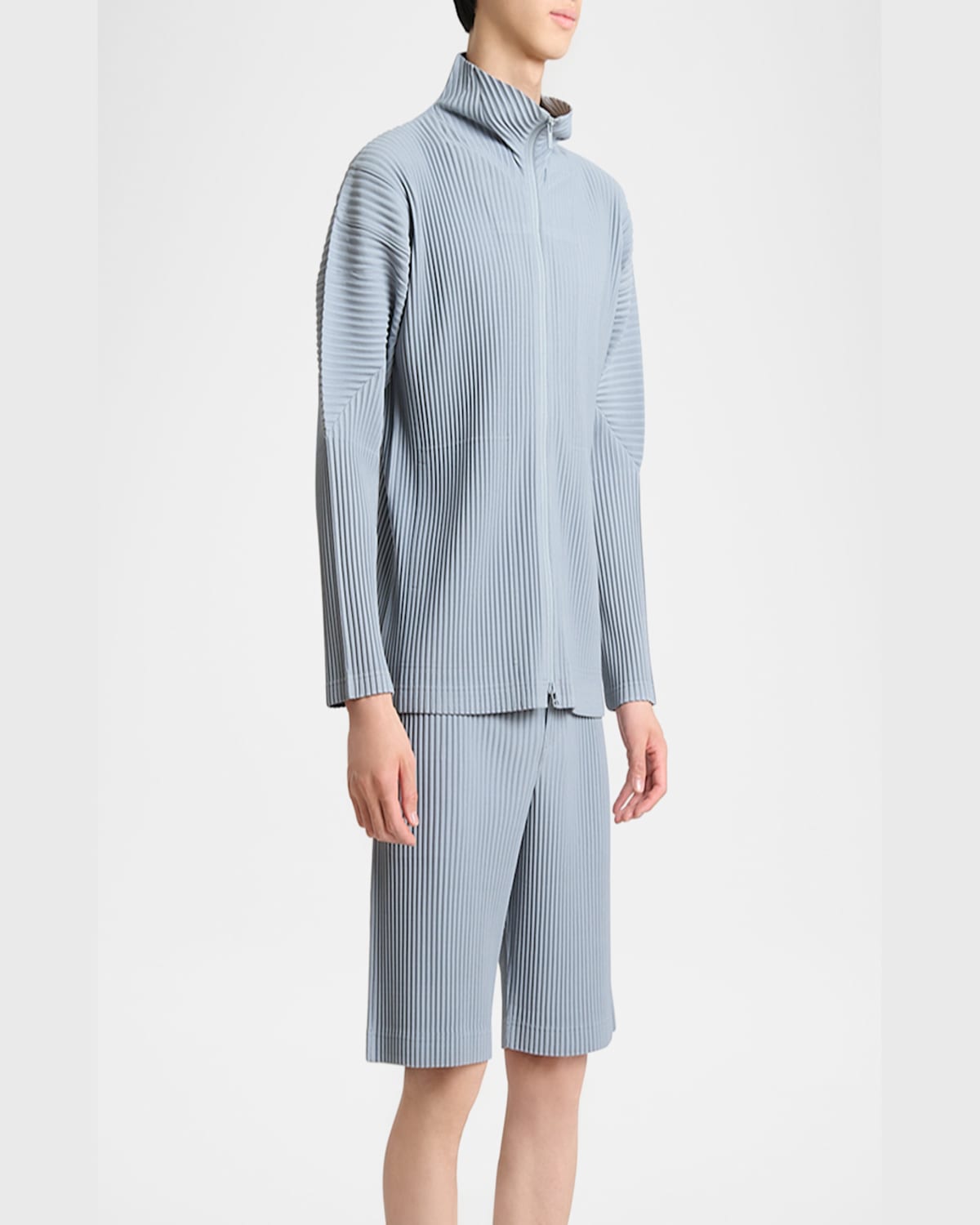 Issey Miyake Pleated Zip-up Jacket In Gray Blue