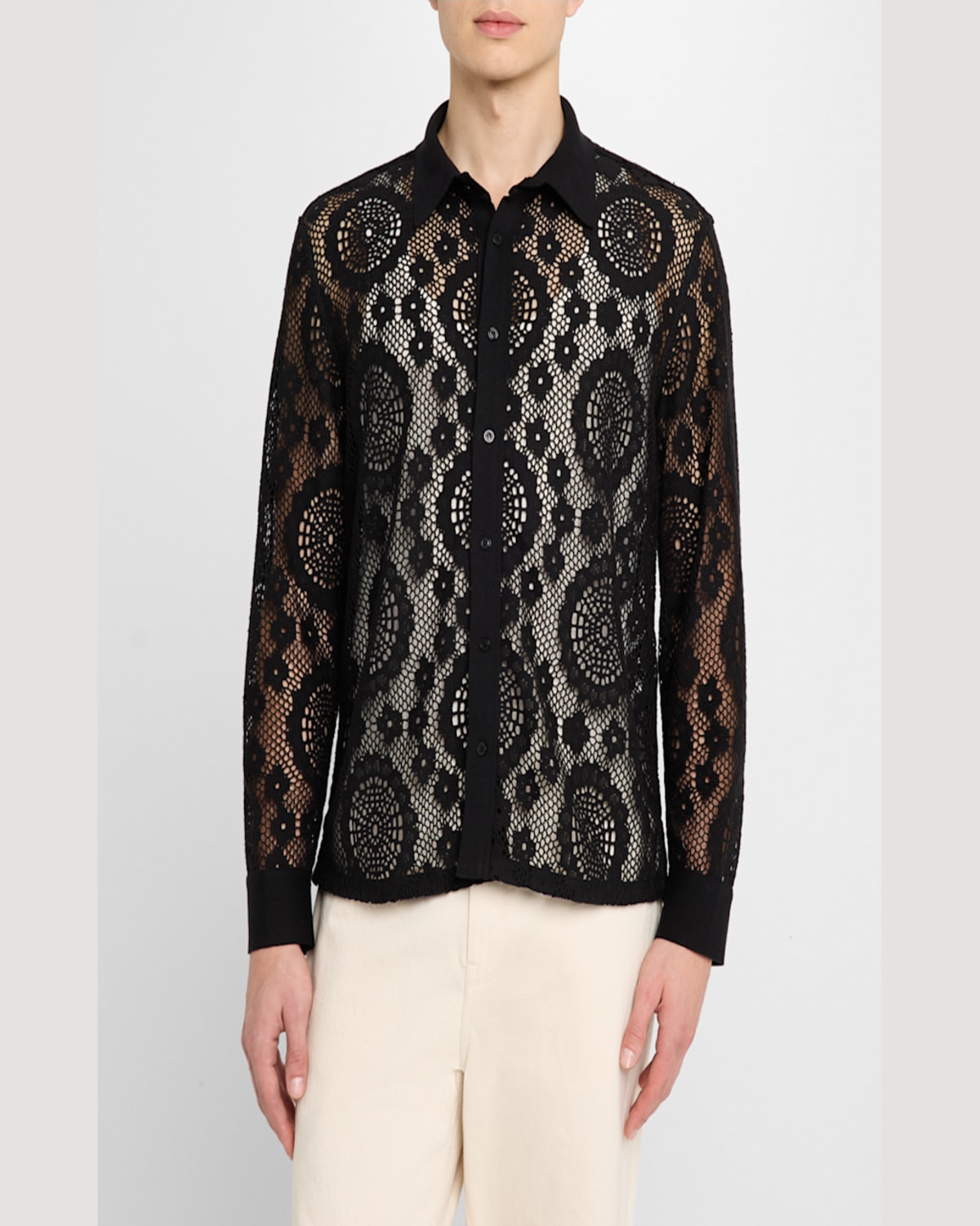 SIMKHAI MEN'S LACE BUTTON-DOWN SHIRT 