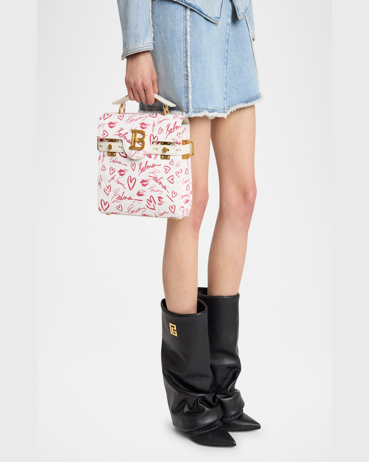 Balmain B-buzz 23 Top-handle Bag In Lipstick-print Canvas In Creme/rouge Red