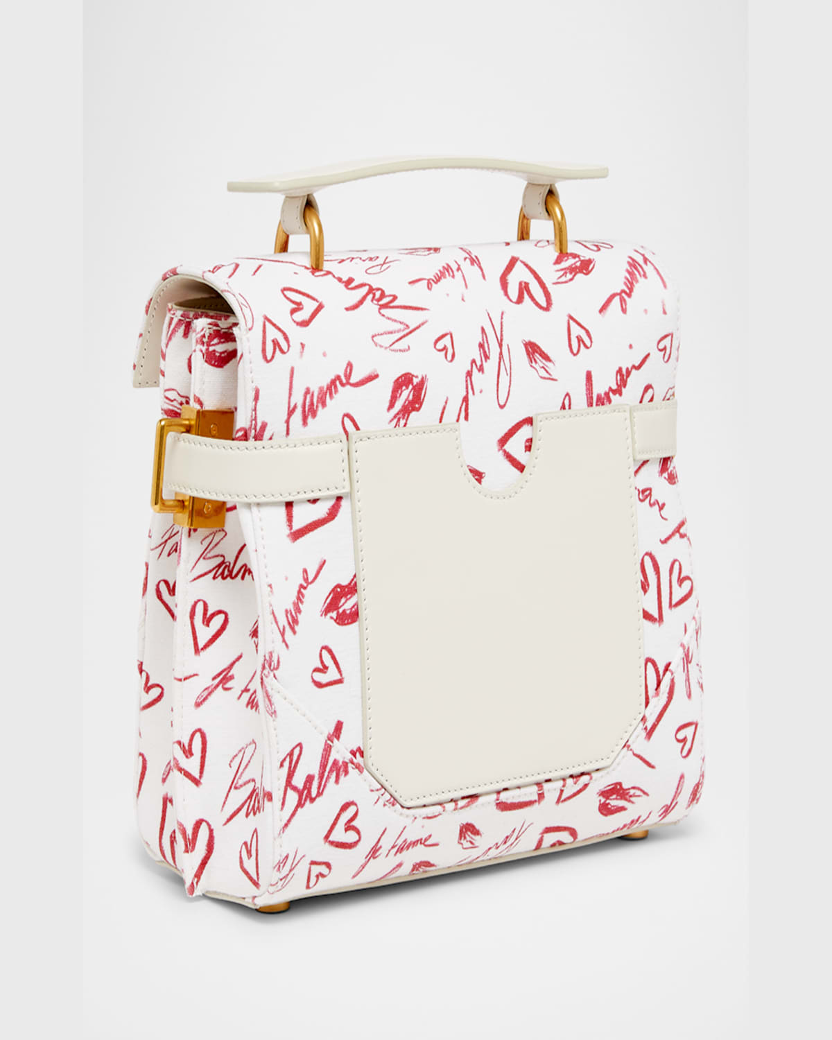 Balmain B-buzz 23 Top-handle Bag In Lipstick-print Canvas In Creme/rouge Red