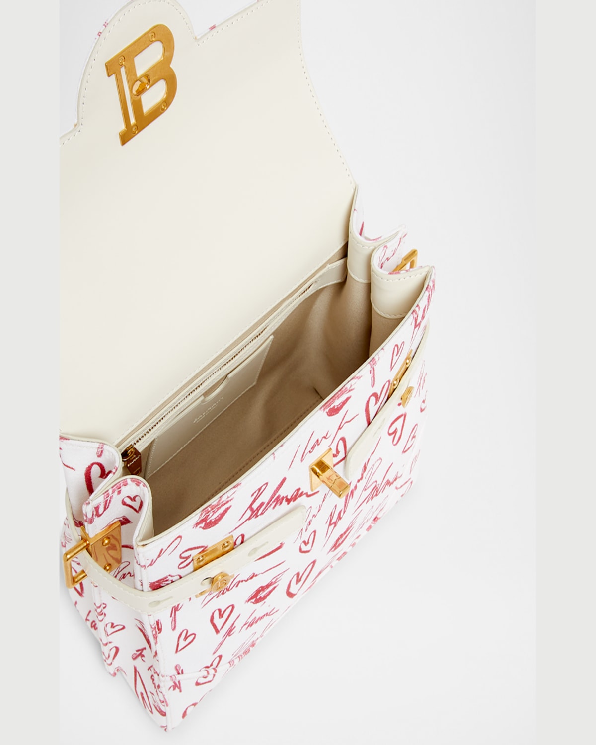 Balmain B-buzz 23 Top-handle Bag In Lipstick-print Canvas In Creme/rouge Red