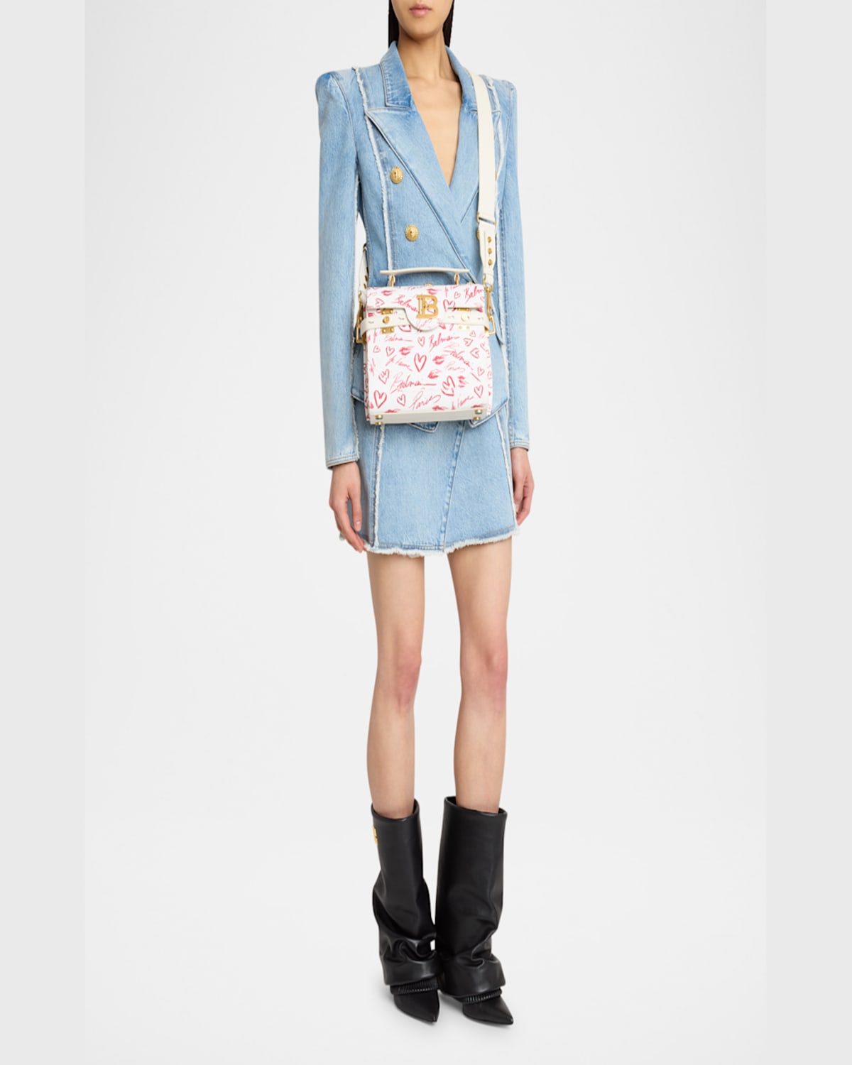 Balmain B-buzz 23 Top-handle Bag In Lipstick-print Canvas In Creme/rouge Red