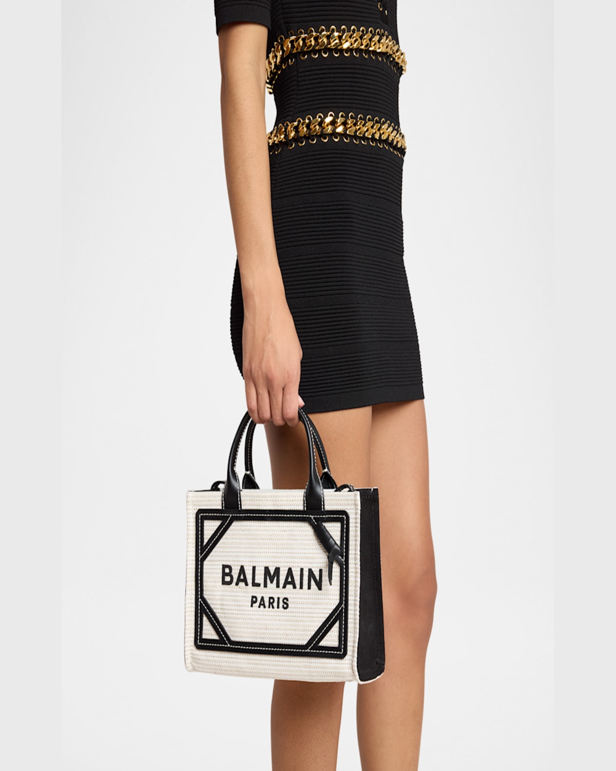 Balmain B-army Medium Shopper Tote Bag In Raffia And Leather In Gte Naturelnoir