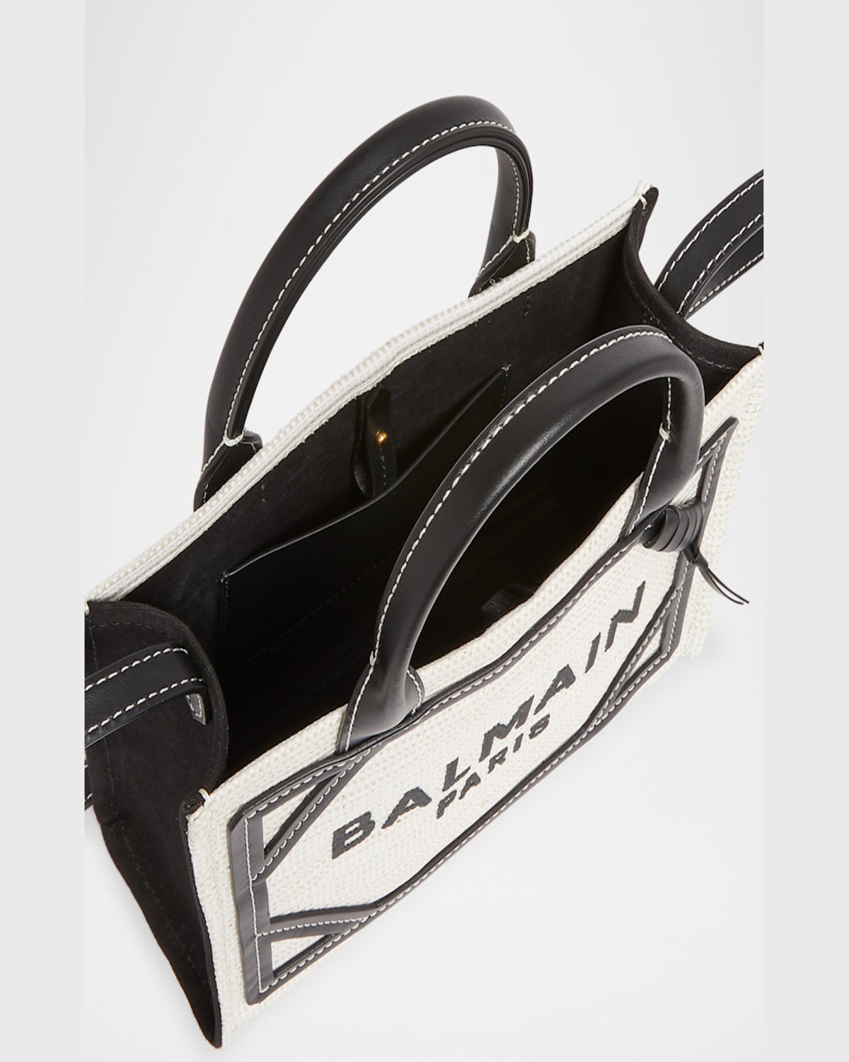 Balmain B-army Medium Shopper Tote Bag In Raffia And Leather In Gte Naturelnoir