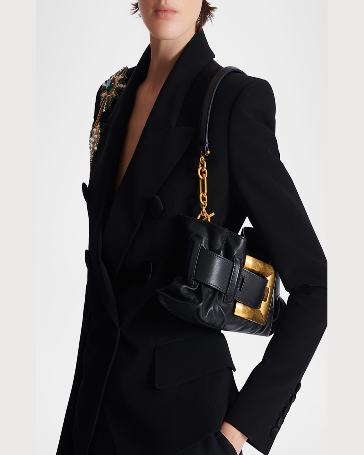 Balmain Anthem Mini Buckle Shoulder Bag In Calfskin Leather In Noir