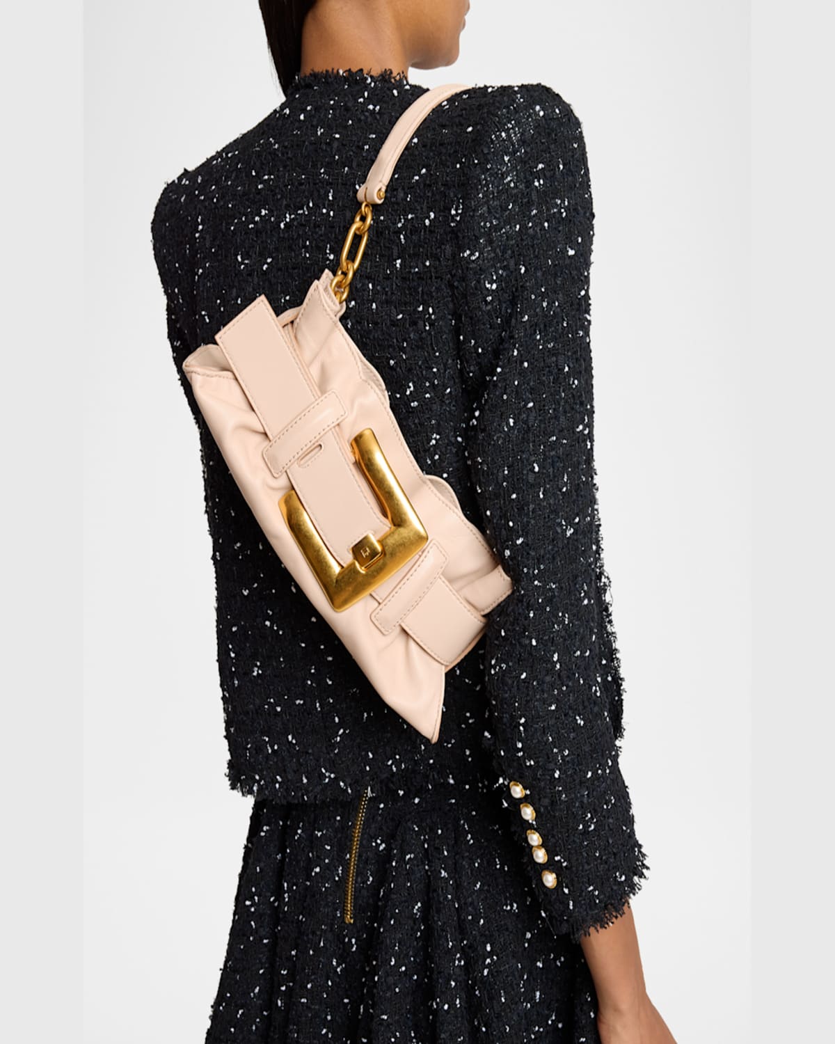 Shop Balmain Anthem Mini Buckle Shoulder Bag In Calfskin Leather In Nude