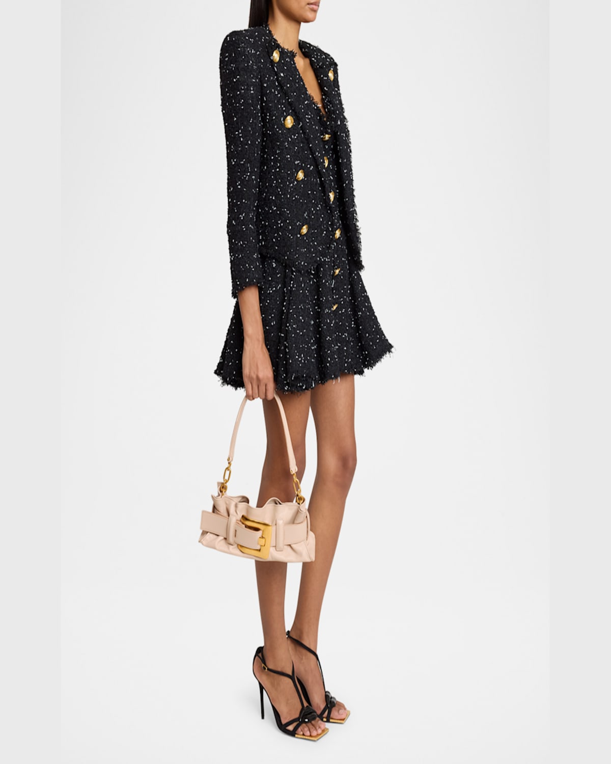 Shop Balmain Anthem Mini Buckle Shoulder Bag In Calfskin Leather In Nude