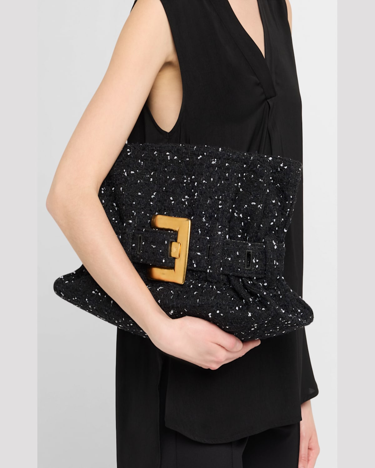 Balmain Anthem Medium Buckle Shoulder Bag In Tweed In Eab Noirblanc