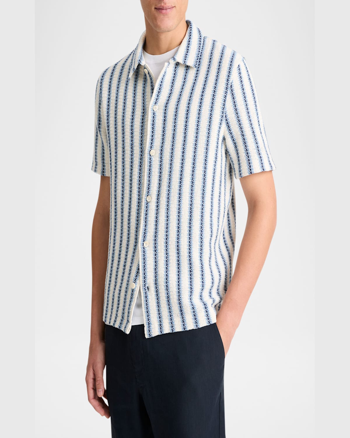 Vince Men's Striped Knit Button-down Shirt In Cabo Blue Combo