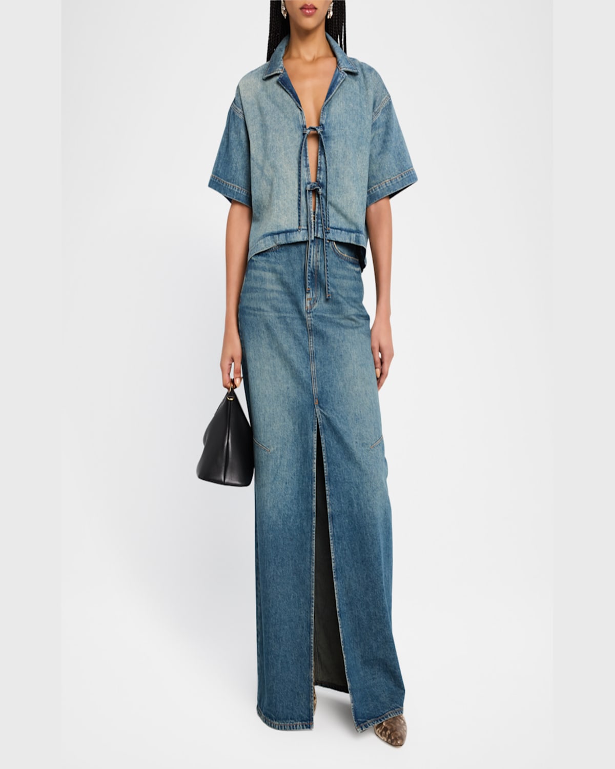 TRIARCHY LOTTIE CROPPED TIE-FRONT DENIM SHIRT