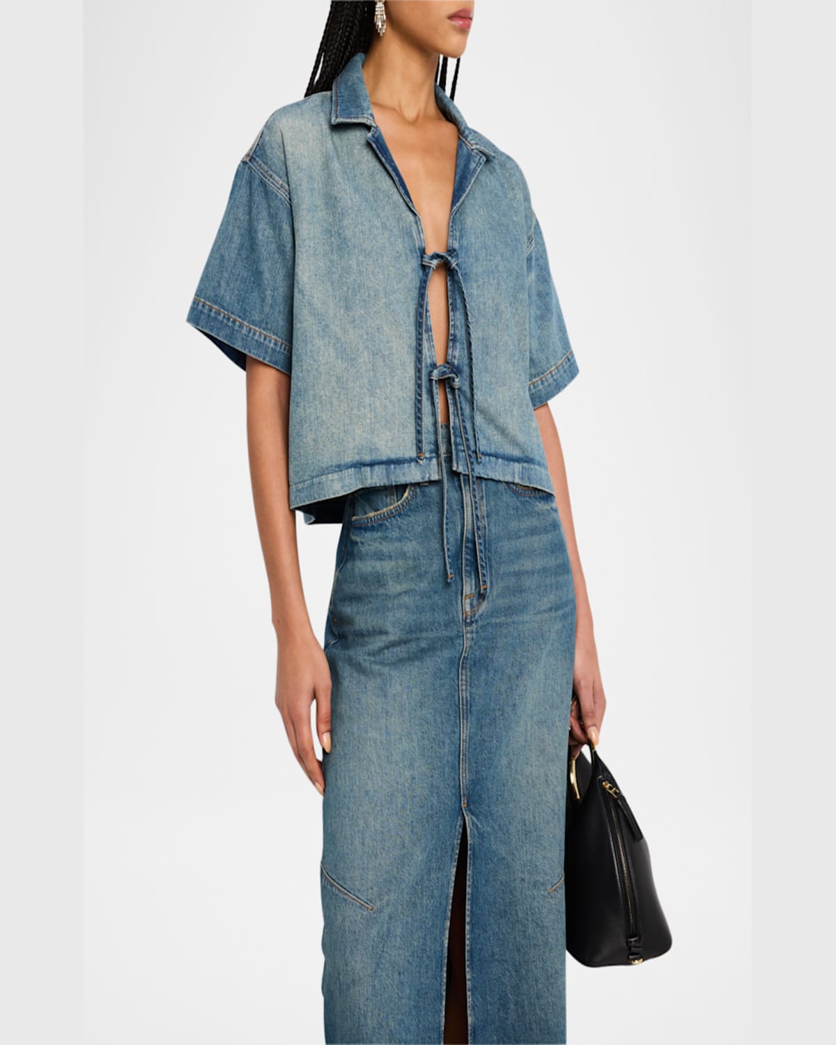 TRIARCHY LOTTIE CROPPED TIE-FRONT DENIM SHIRT