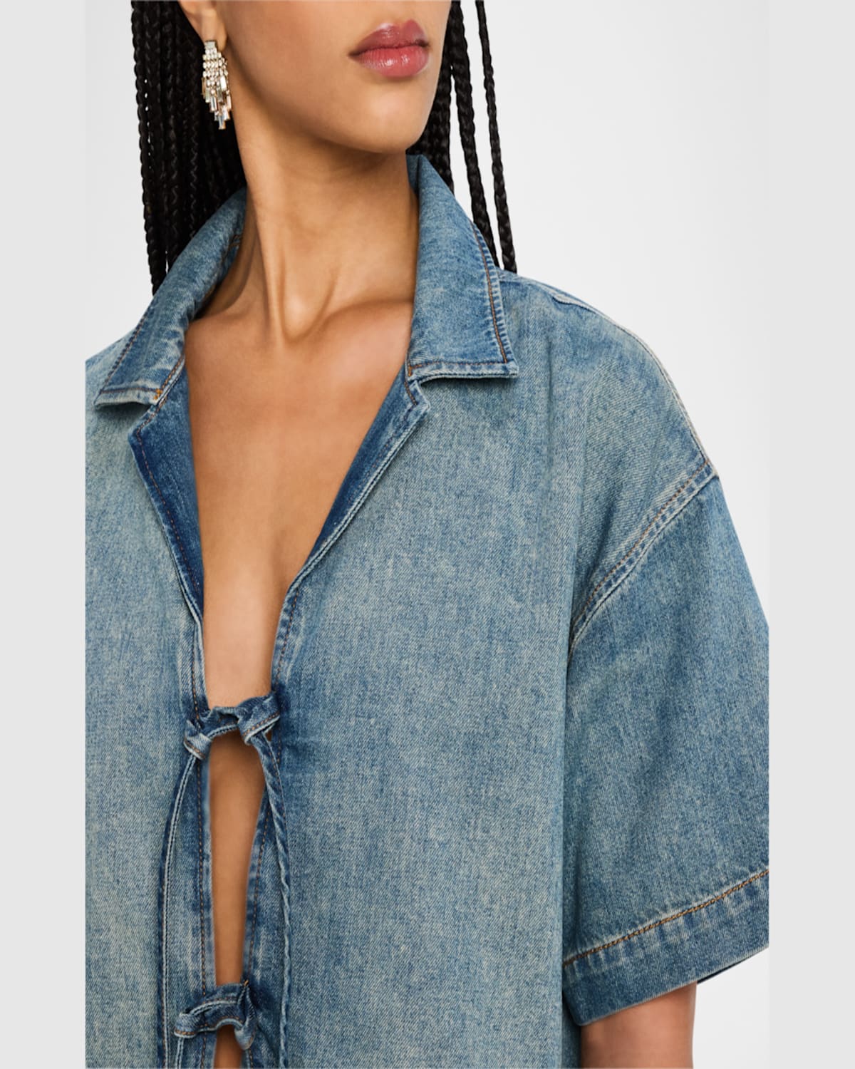 TRIARCHY LOTTIE CROPPED TIE-FRONT DENIM SHIRT
