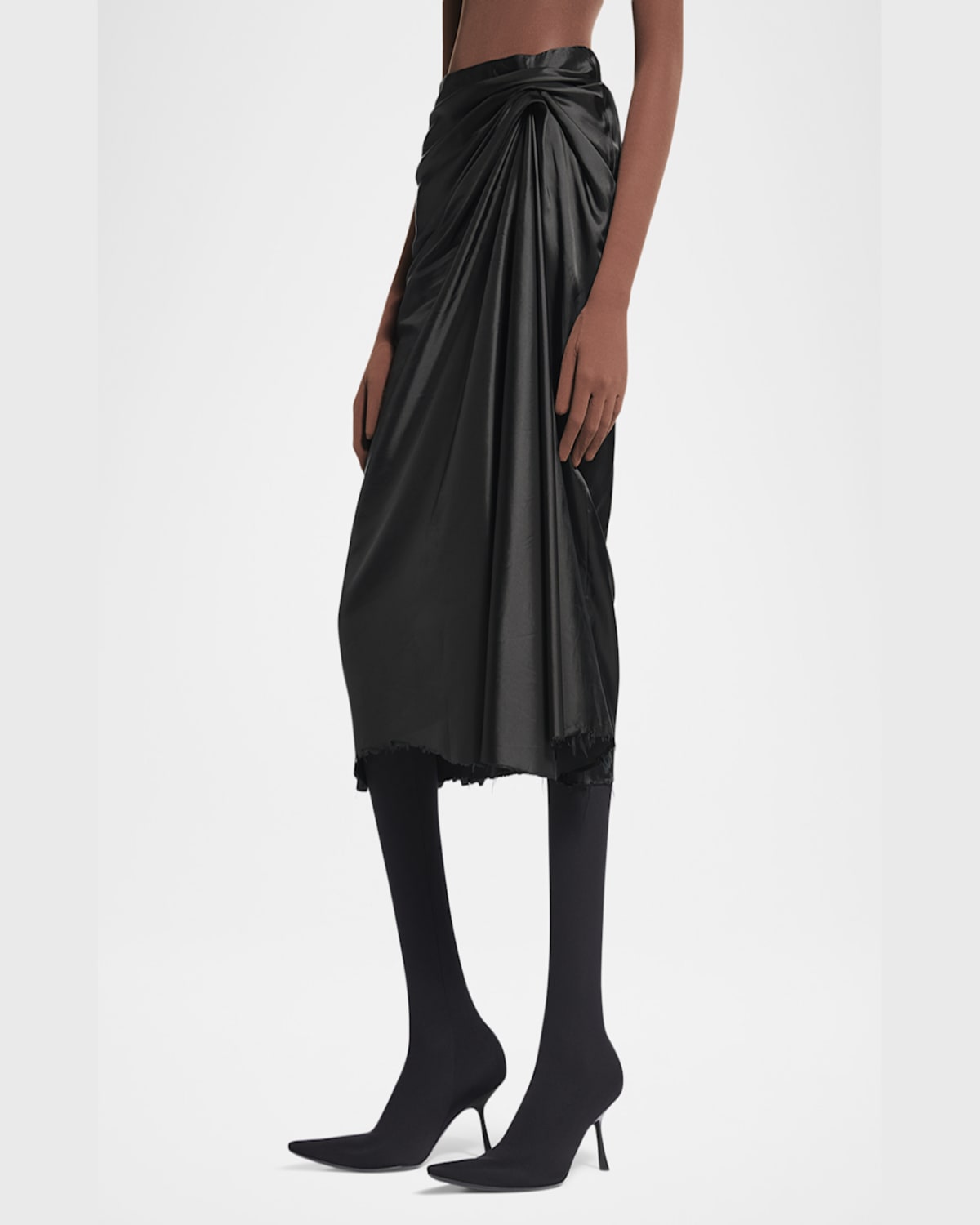 Balenciaga Asymmetric Frayed Gathered Draped Satin Midi Skirt In 1000 Black