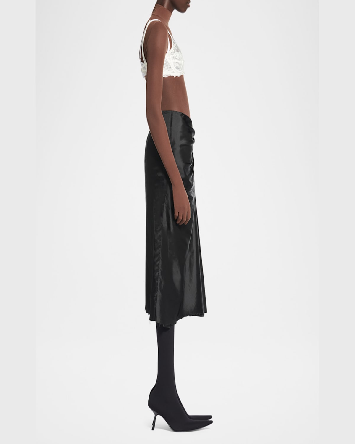 Balenciaga Asymmetric Frayed Gathered Draped Satin Midi Skirt In 1000 Black