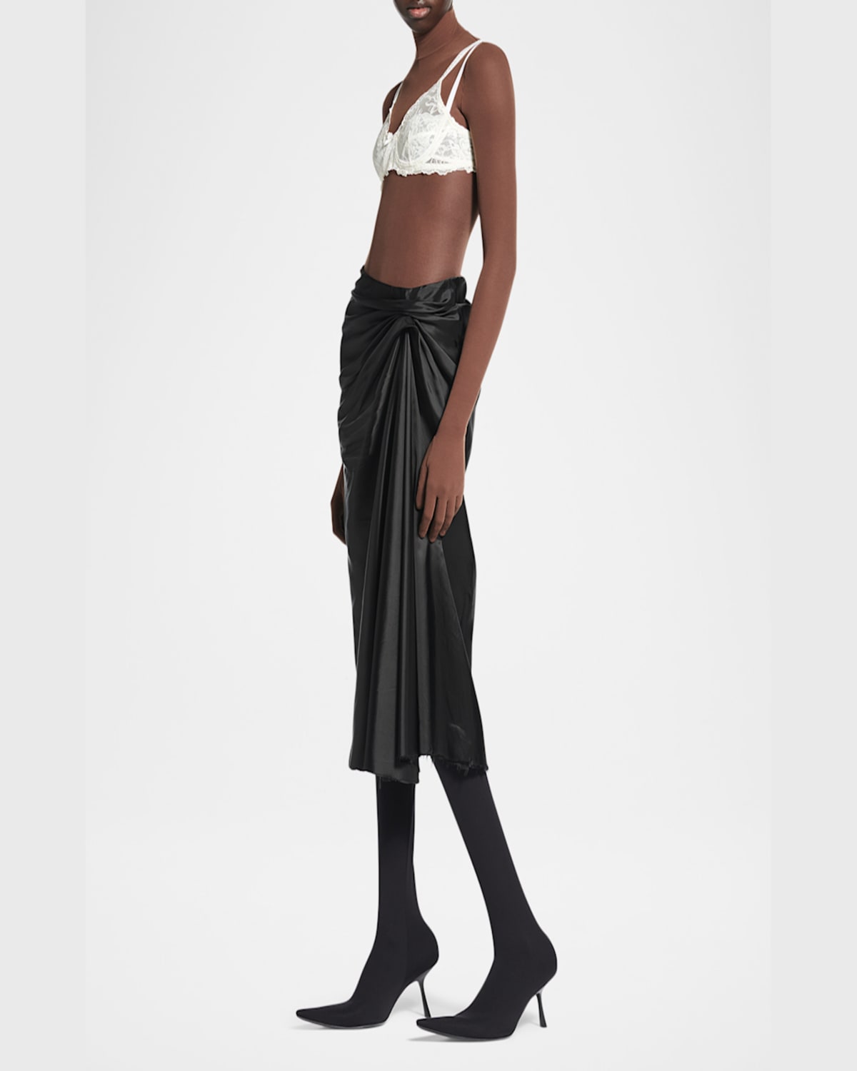 Balenciaga Asymmetric Frayed Gathered Draped Satin Midi Skirt In 1000 Black