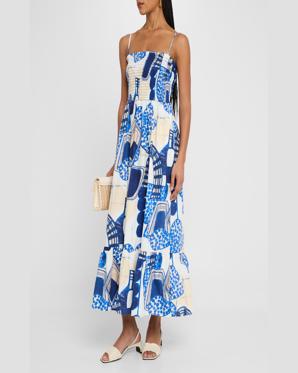 Marie Oliver Neeley Smocked Abstract-print Cotton Midi Dress In Acropolis
