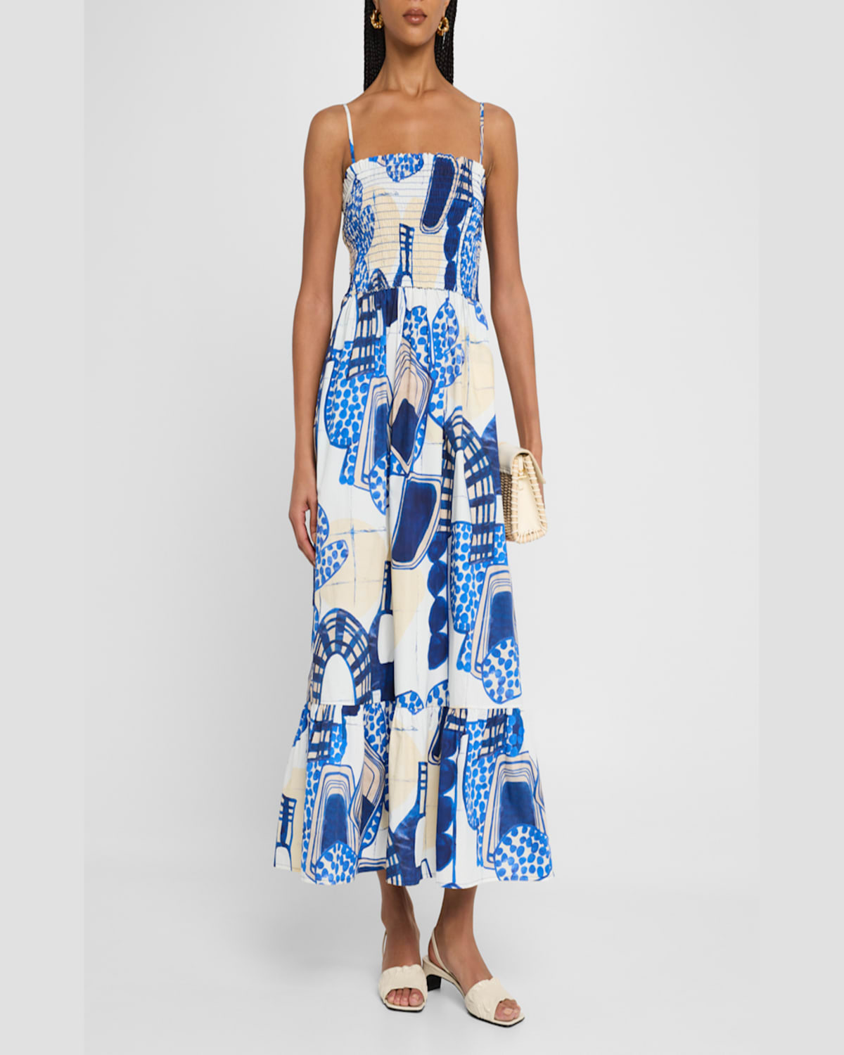 Marie Oliver Neeley Smocked Abstract-print Cotton Midi Dress In Acropolis