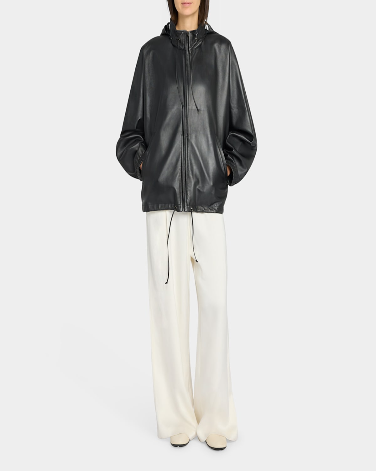 The Row Jilly Leather Zip Hooded Jacket In Black