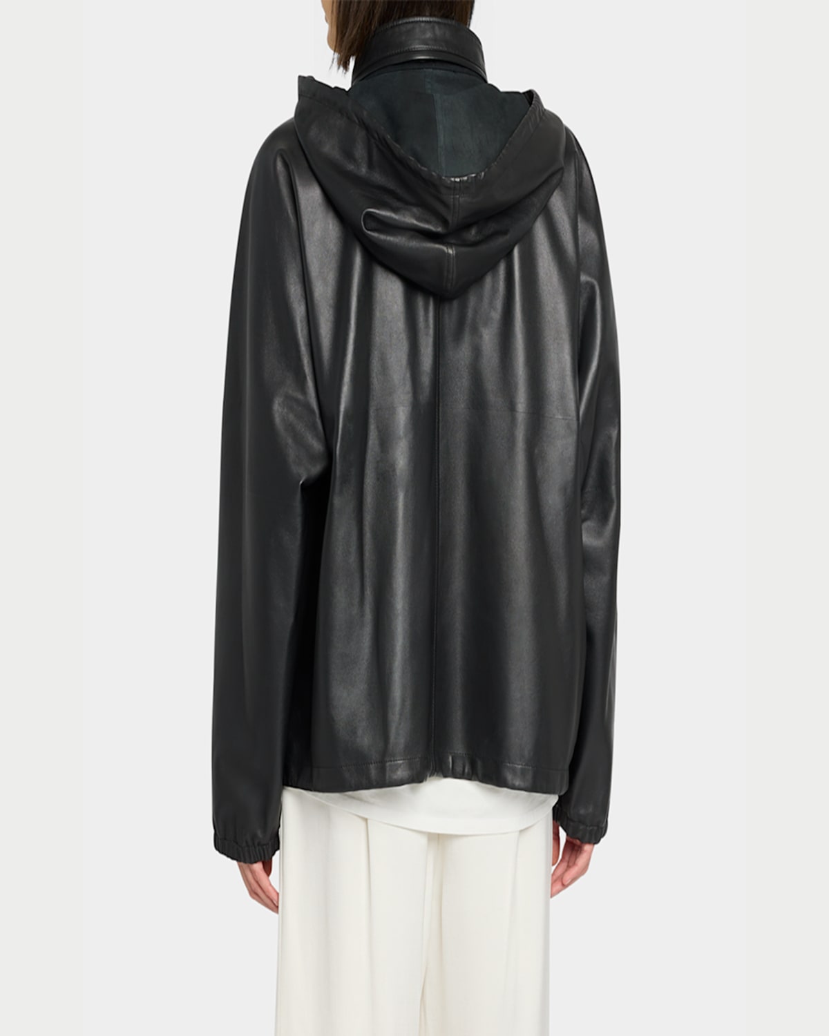 The Row Jilly Leather Zip Hooded Jacket In Black