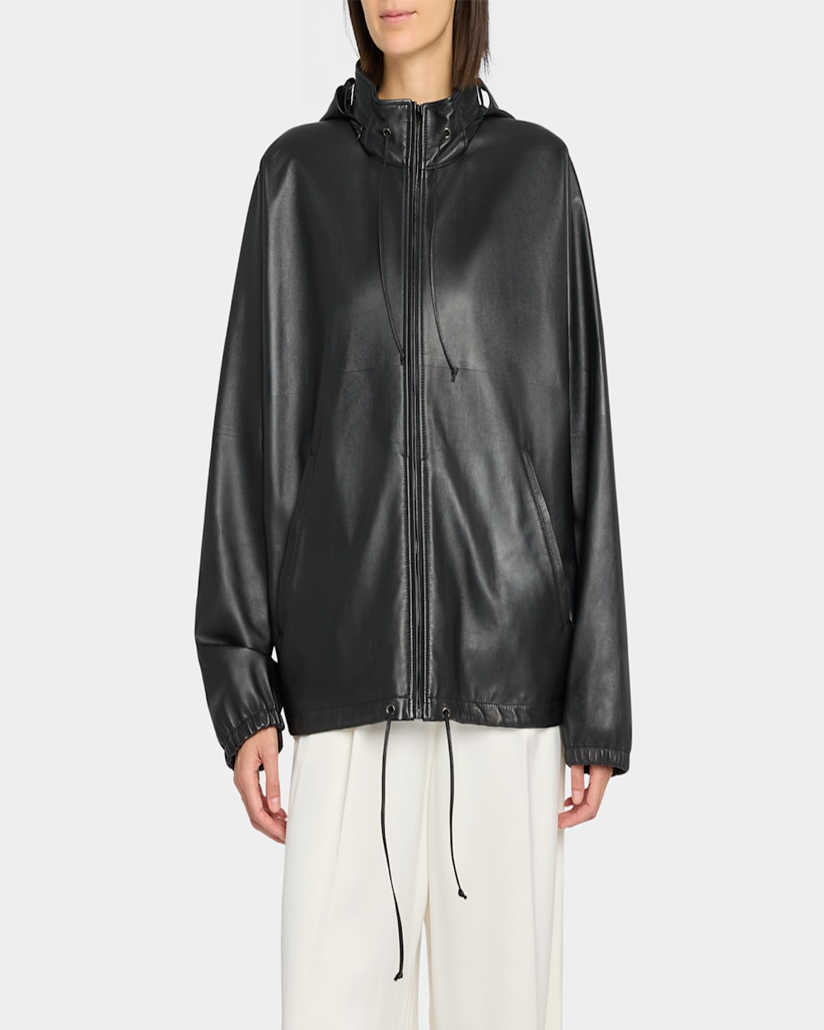 The Row Jilly Leather Zip Hooded Jacket In Black
