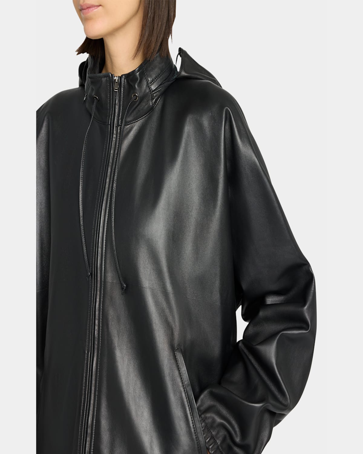 The Row Jilly Leather Zip Hooded Jacket In Black