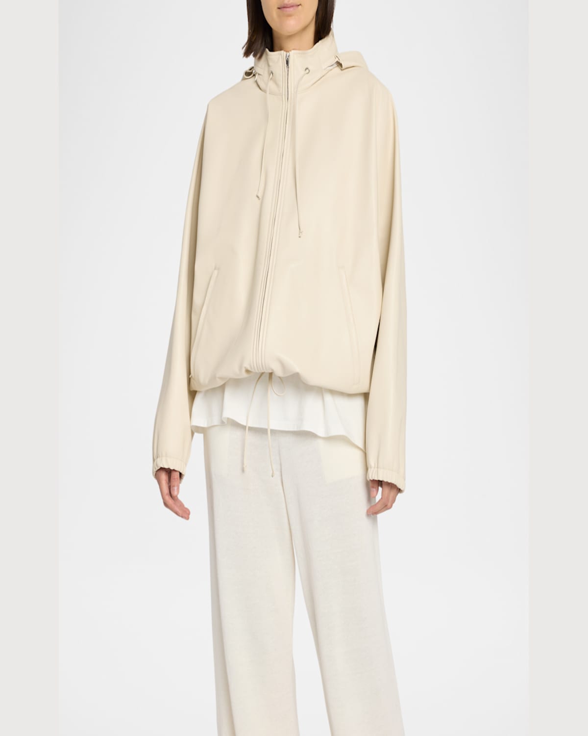 The Row Jilly Leather Zip Hooded Jacket In Off White
