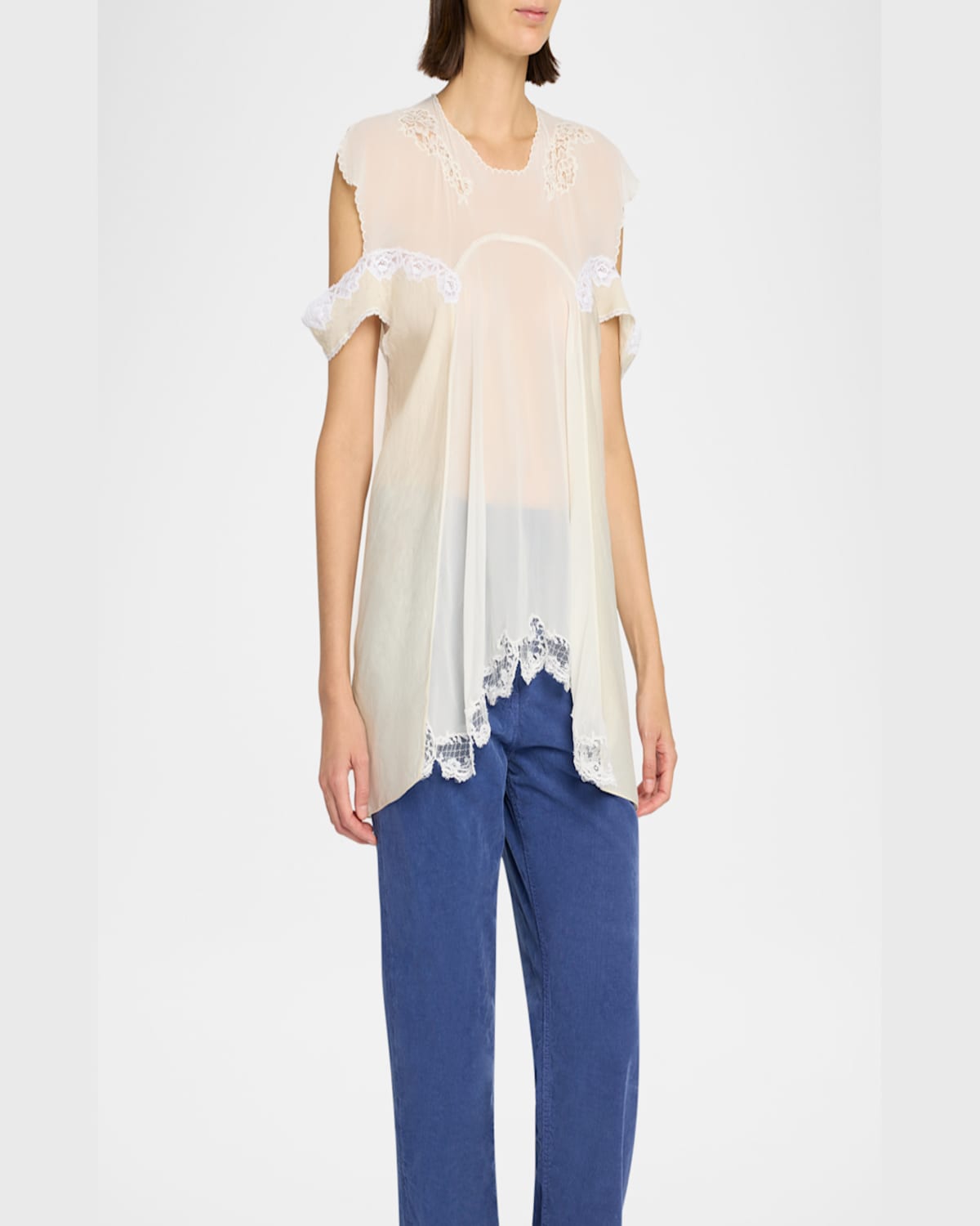 The Row Desy Lace Cold-shoulder Top In Off White