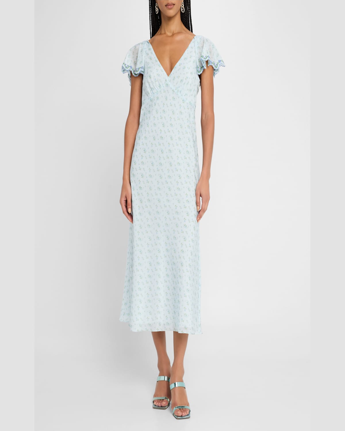 Rachel Antonoff Mia Floral Flutter-sleeve Midi Dress In Forget Me Not