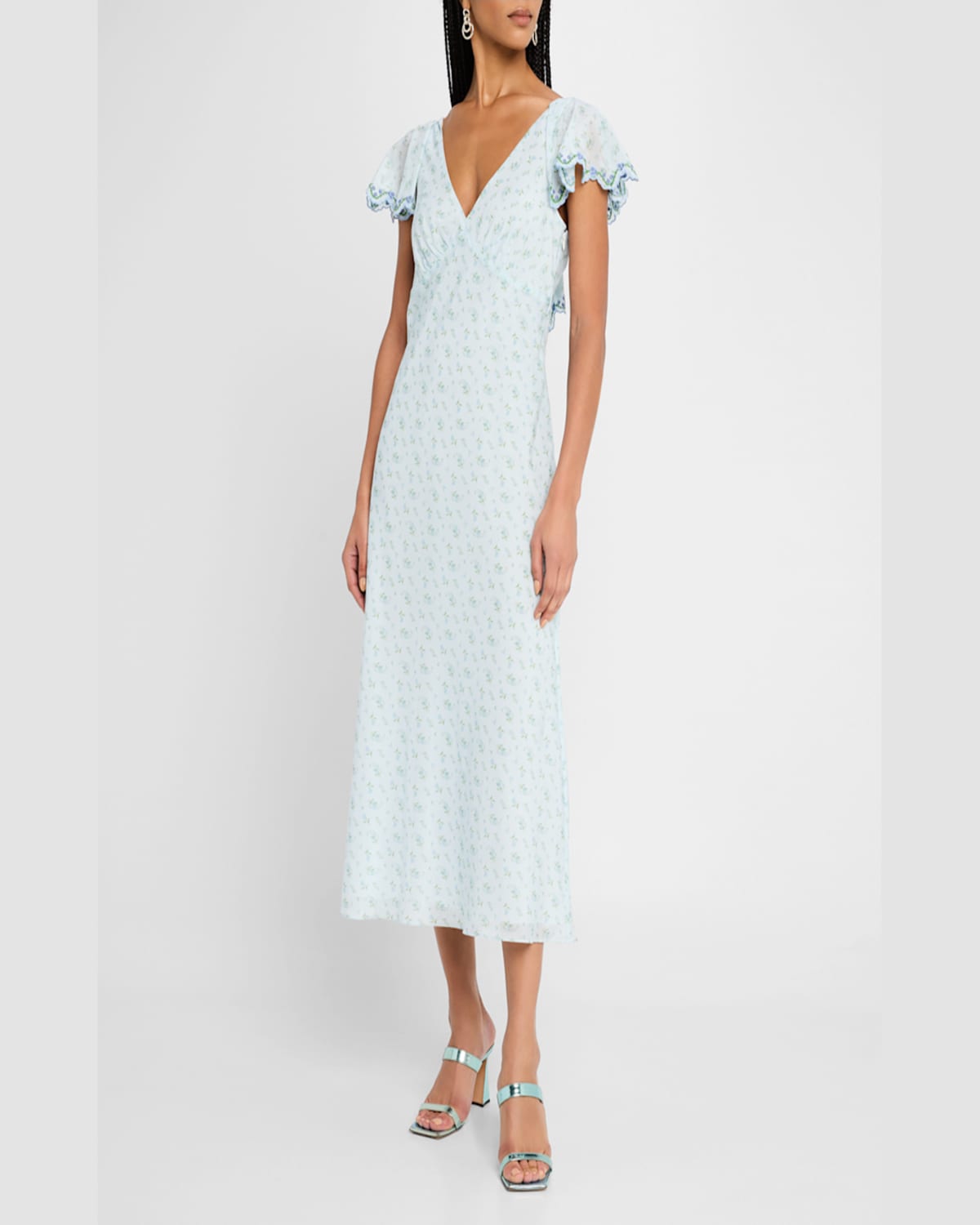 Rachel Antonoff Mia Floral Flutter-sleeve Midi Dress In Forget Me Not