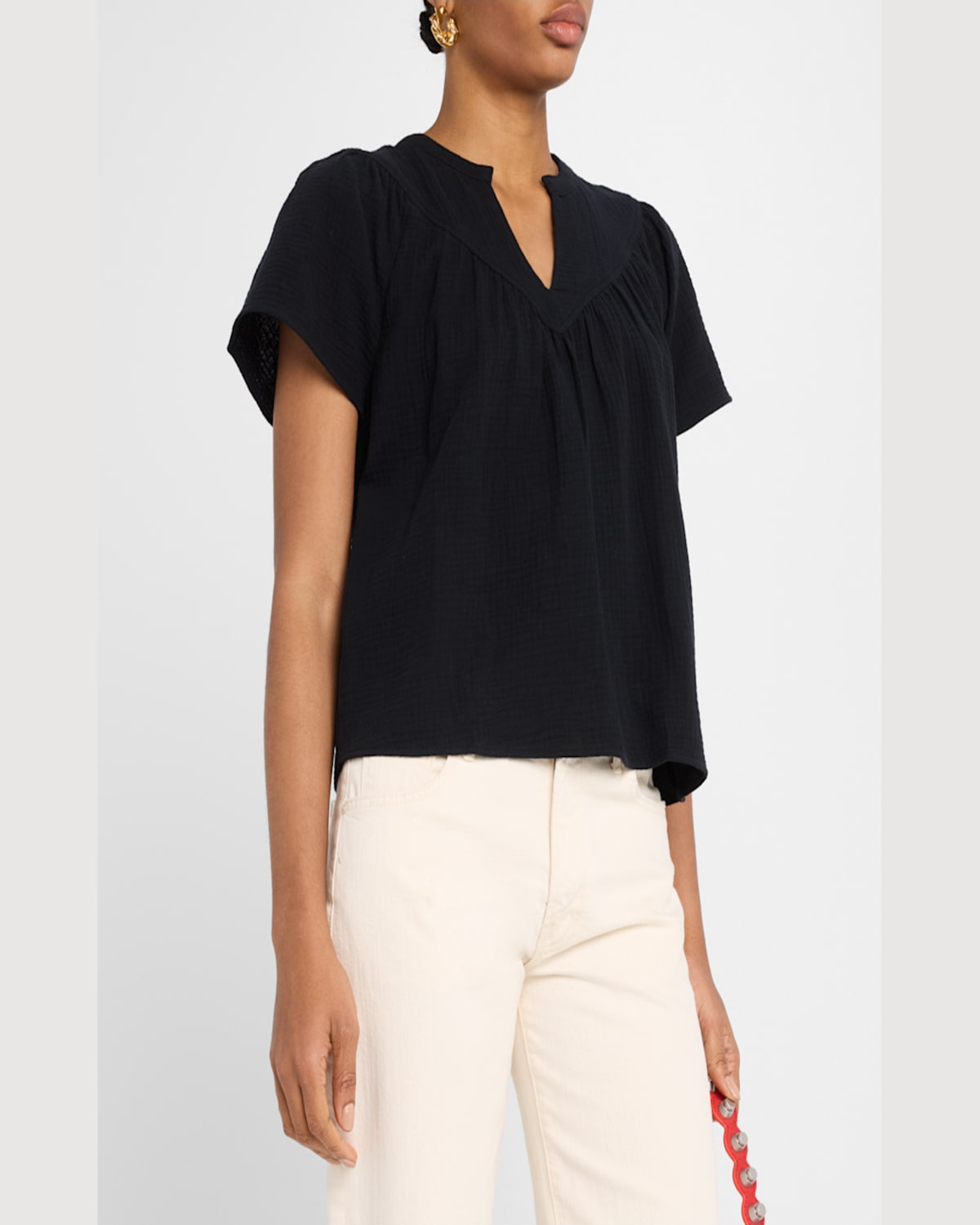 Rails Sayer Organic Cotton Gauze Split Neck Top In Black
