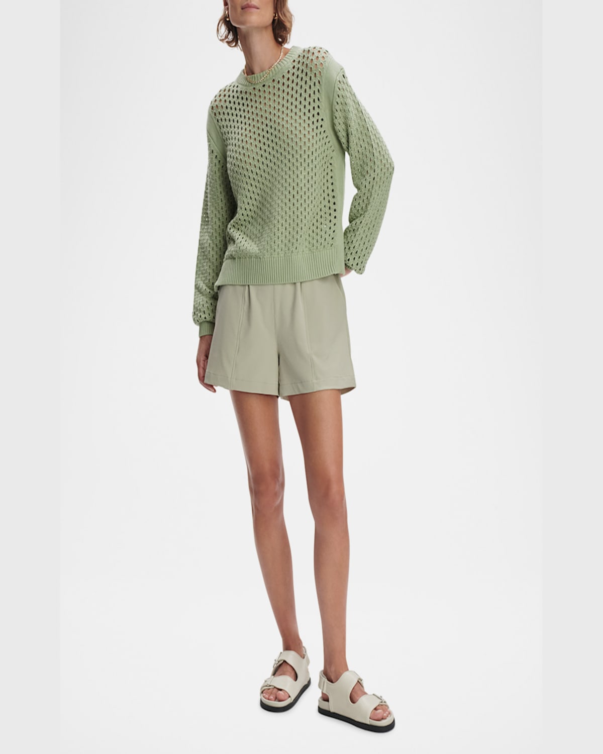 Varley Hains Mesh-knit Crewneck Pullover In Snow Sage