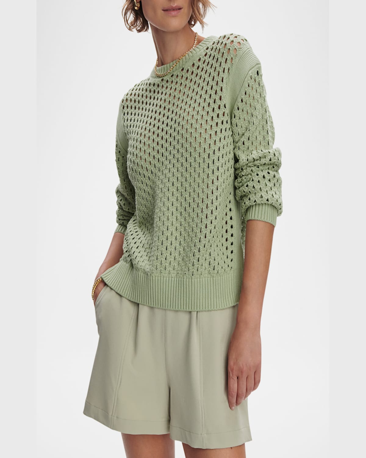 Varley Hains Mesh-knit Crewneck Pullover In Snow Sage