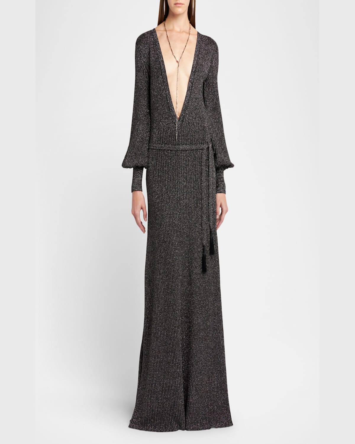 Tom Ford Plunging Vanise Metallic Rib Backless Maxi Dress In Combo Silv