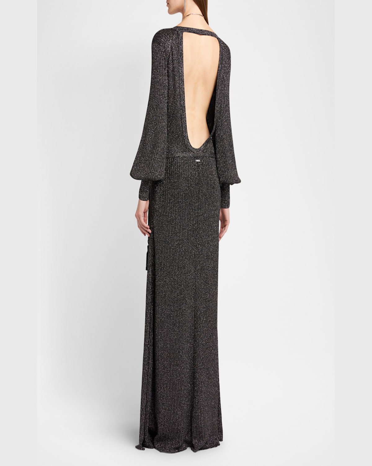 Tom Ford Plunging Vanise Metallic Rib Backless Maxi Dress In Combo Silv