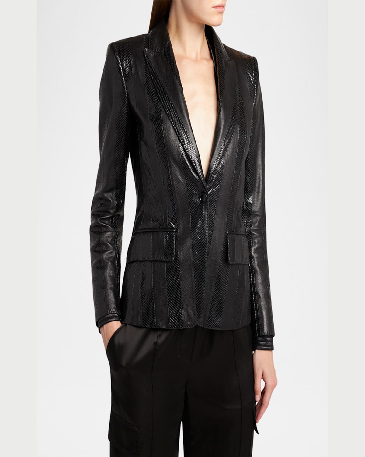 Tom Ford Striped Patchwork Leather Single-breasted Jacket In Black