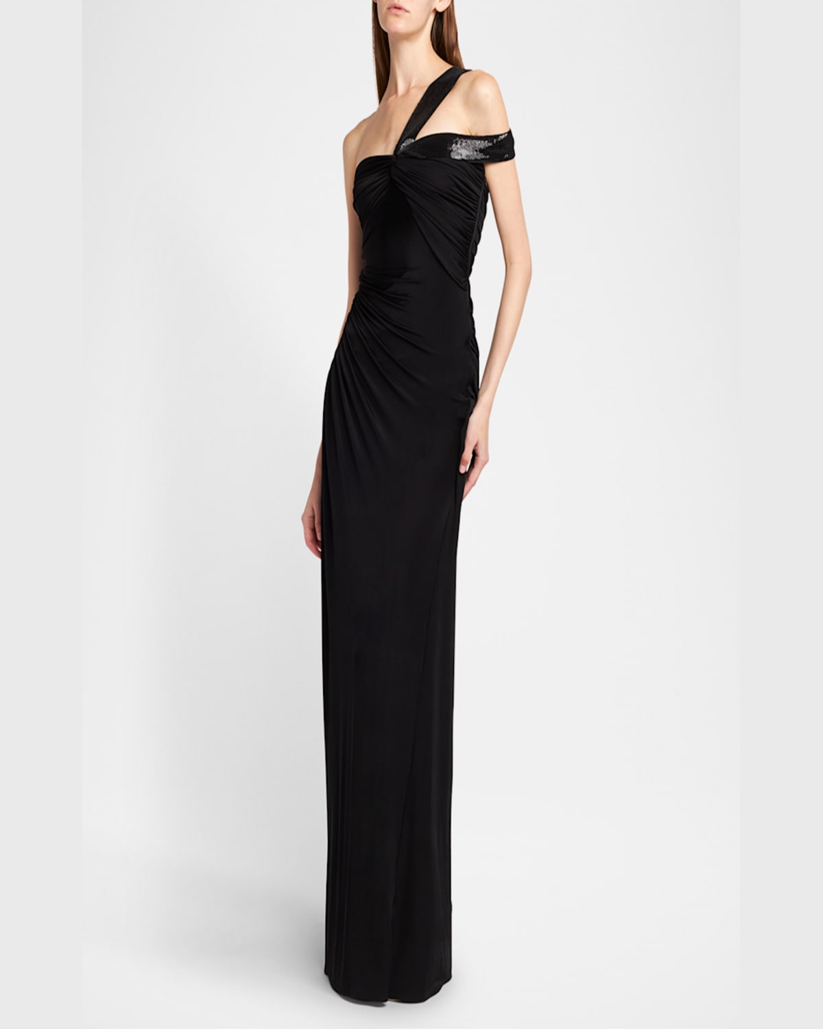 Tom Ford Sequin Twisted One-shoulder Jersey Slit Gown In Black