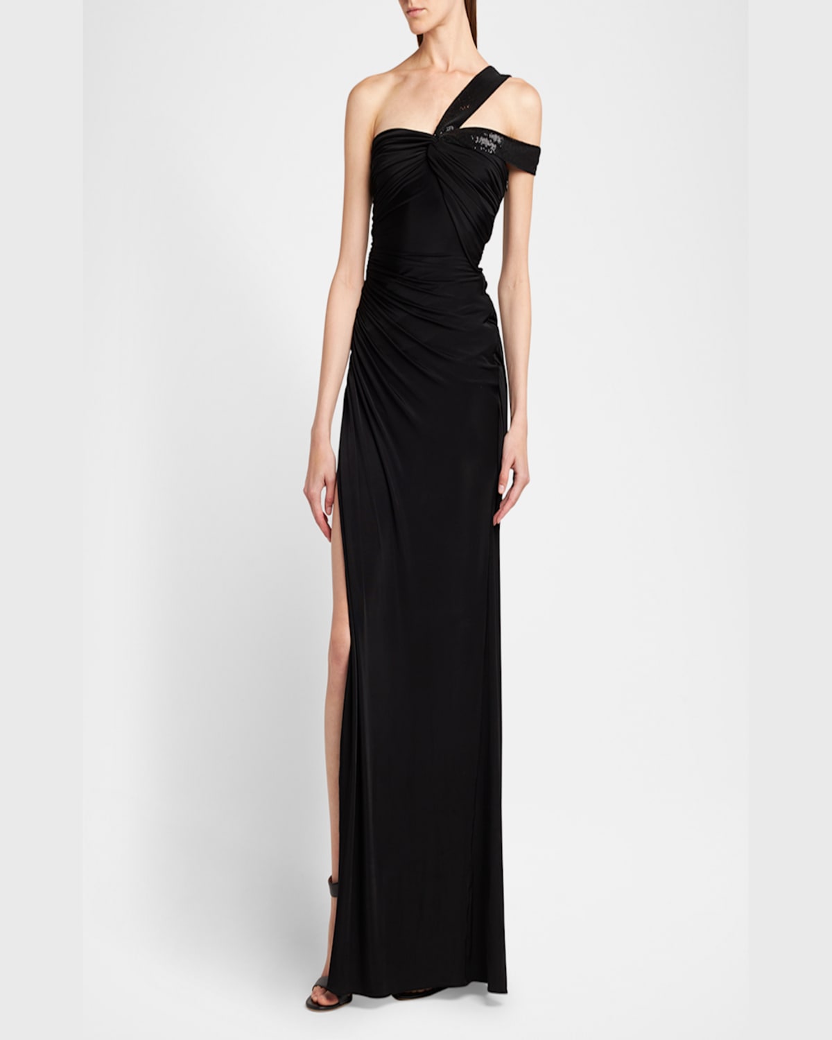 Tom Ford Sequin Twisted One-shoulder Jersey Slit Gown In Black