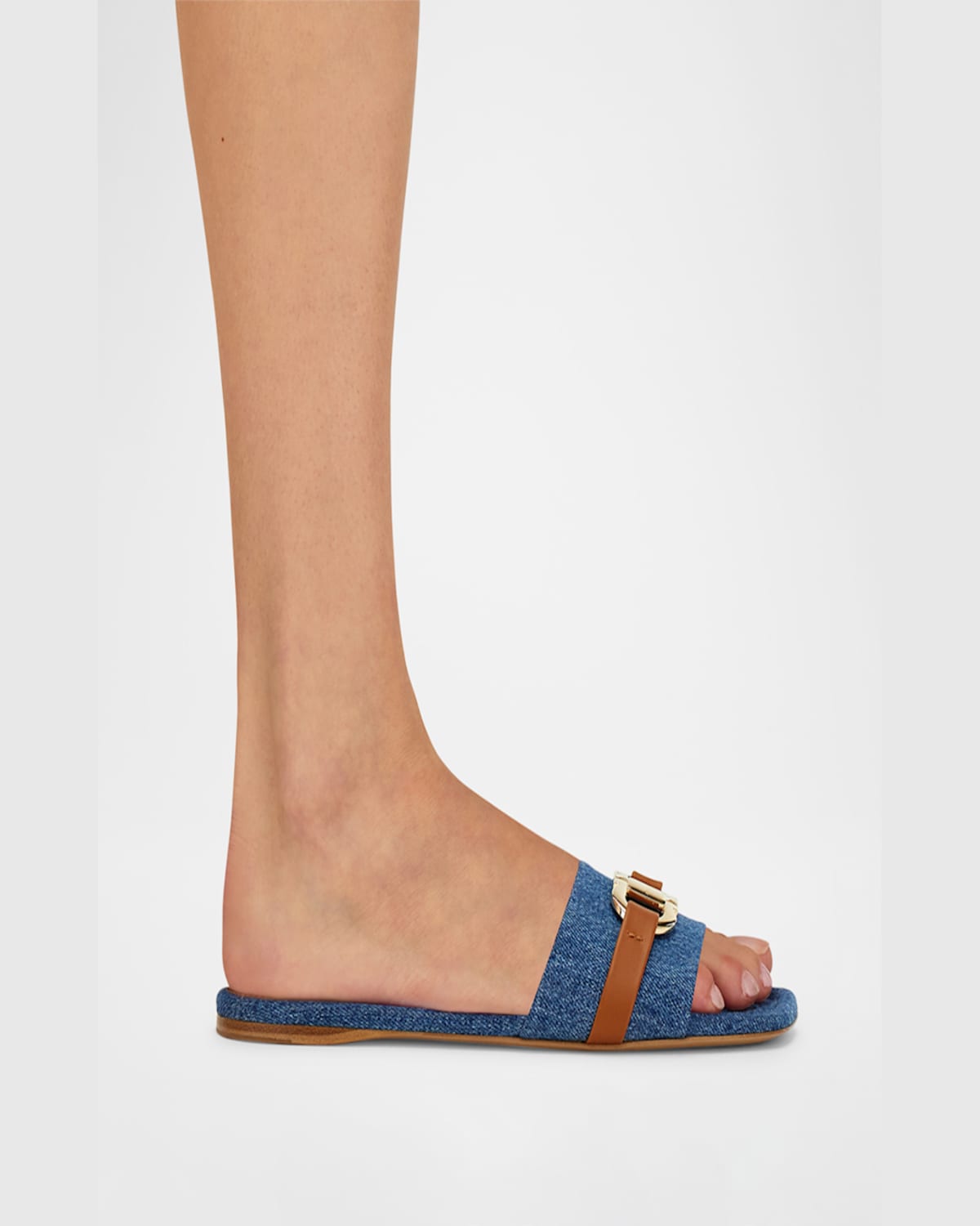 Ferragamo Leah Gancini Bit Denim Slide Sandals In Blue