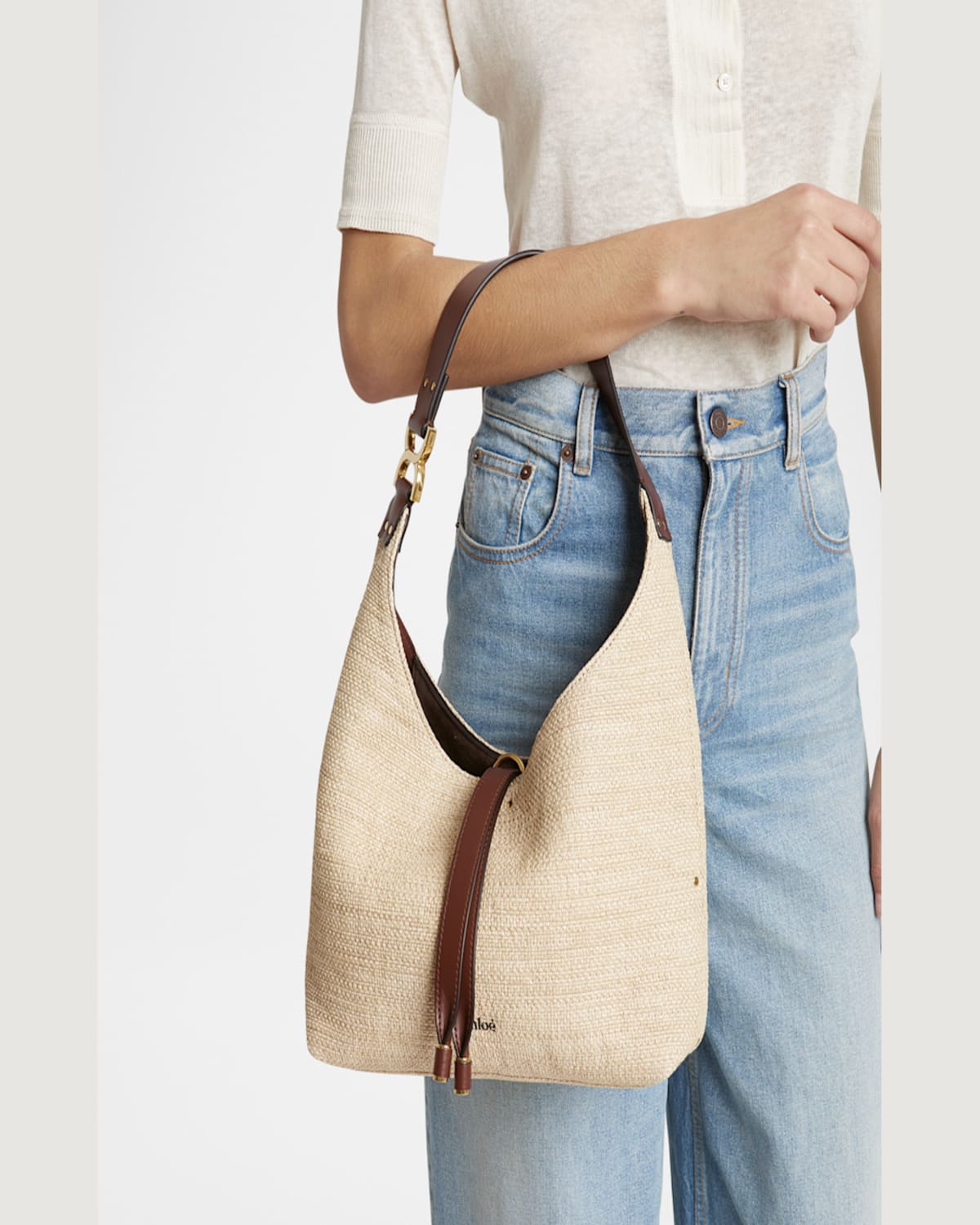 Chloé Marcie Shoulder Bag In Raffia Fabric And Leather In Hot Sand