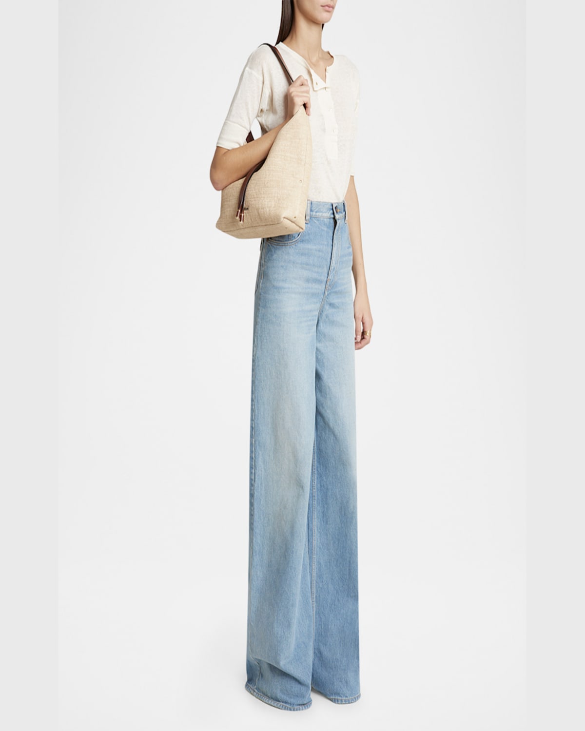 Chloé Marcie Shoulder Bag In Raffia Fabric And Leather In Hot Sand