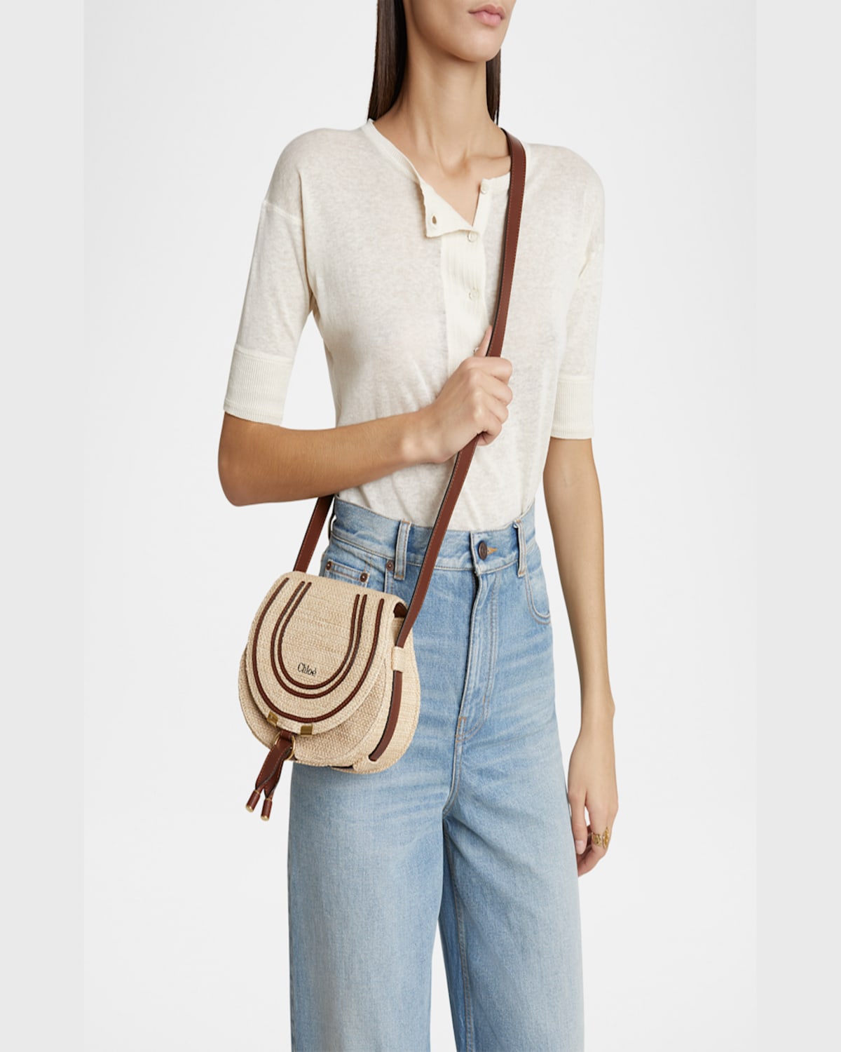 CHLOÉ MARCIE FLAP SADDLE CROSSBODY BAG IN RAFFIA FABRIC AND LEATHER 